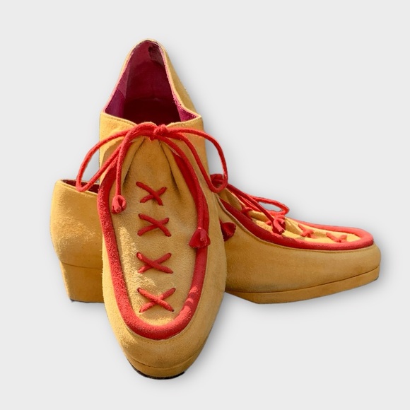Vintage Rare Charles Jourdan Yellow and Red Suede Shoes - Picture 13 of 14